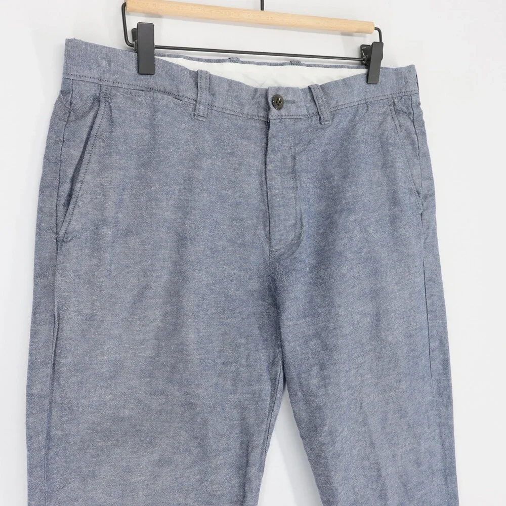 J Crew 770 Pants Mens 33x32 Blue Chambray Cotton Linen Blend Urban Slim